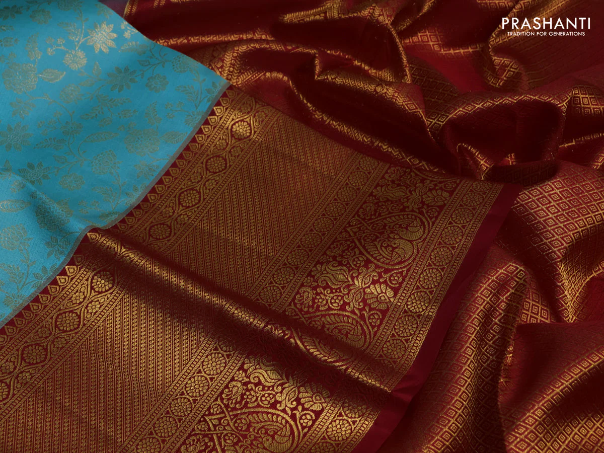 Pure kanchipuram silk saree light blue and red with allover zari woven brocade weaves and long rich zari woven border - Image 3