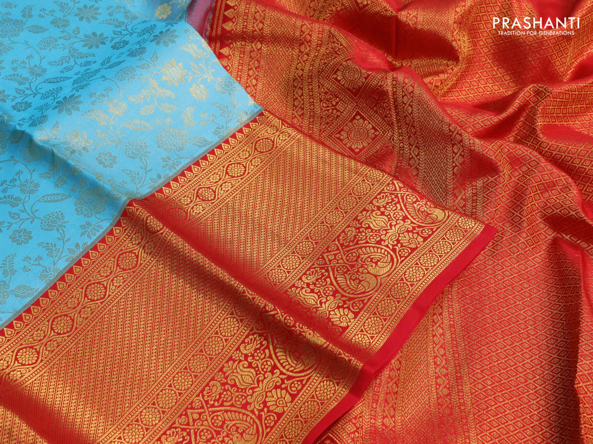 Pure kanchipuram silk saree light blue and red with allover zari woven brocade weaves and zari woven border - Image 3
