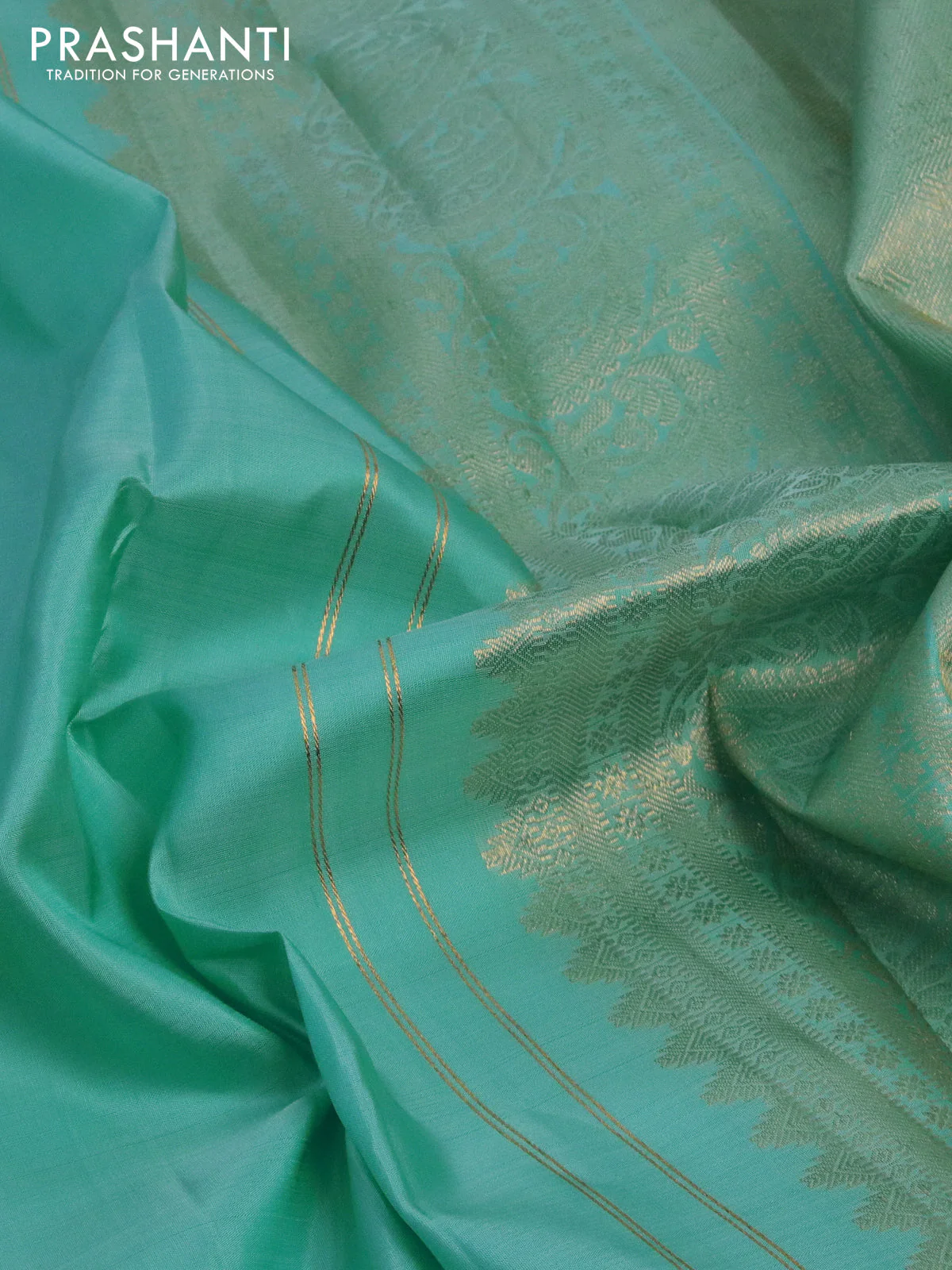 Pure kanchipuram silk saree light blue with zari woven buttas and long zari woven border - Image 3