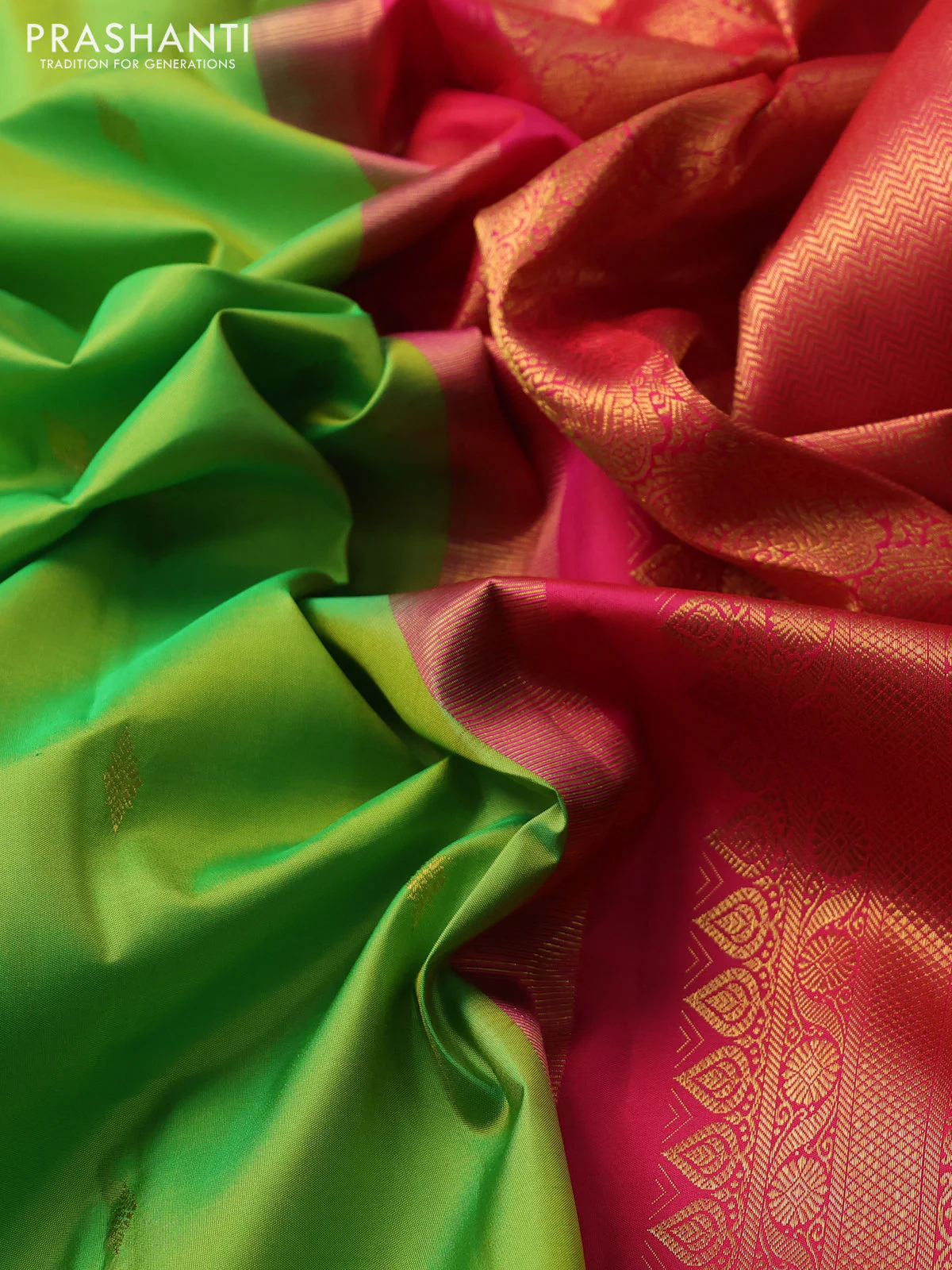 Pure kanchipuram silk saree light green and dual shade of pinkish orange with zari woven buttas and rettapet zari woven border - Image 3