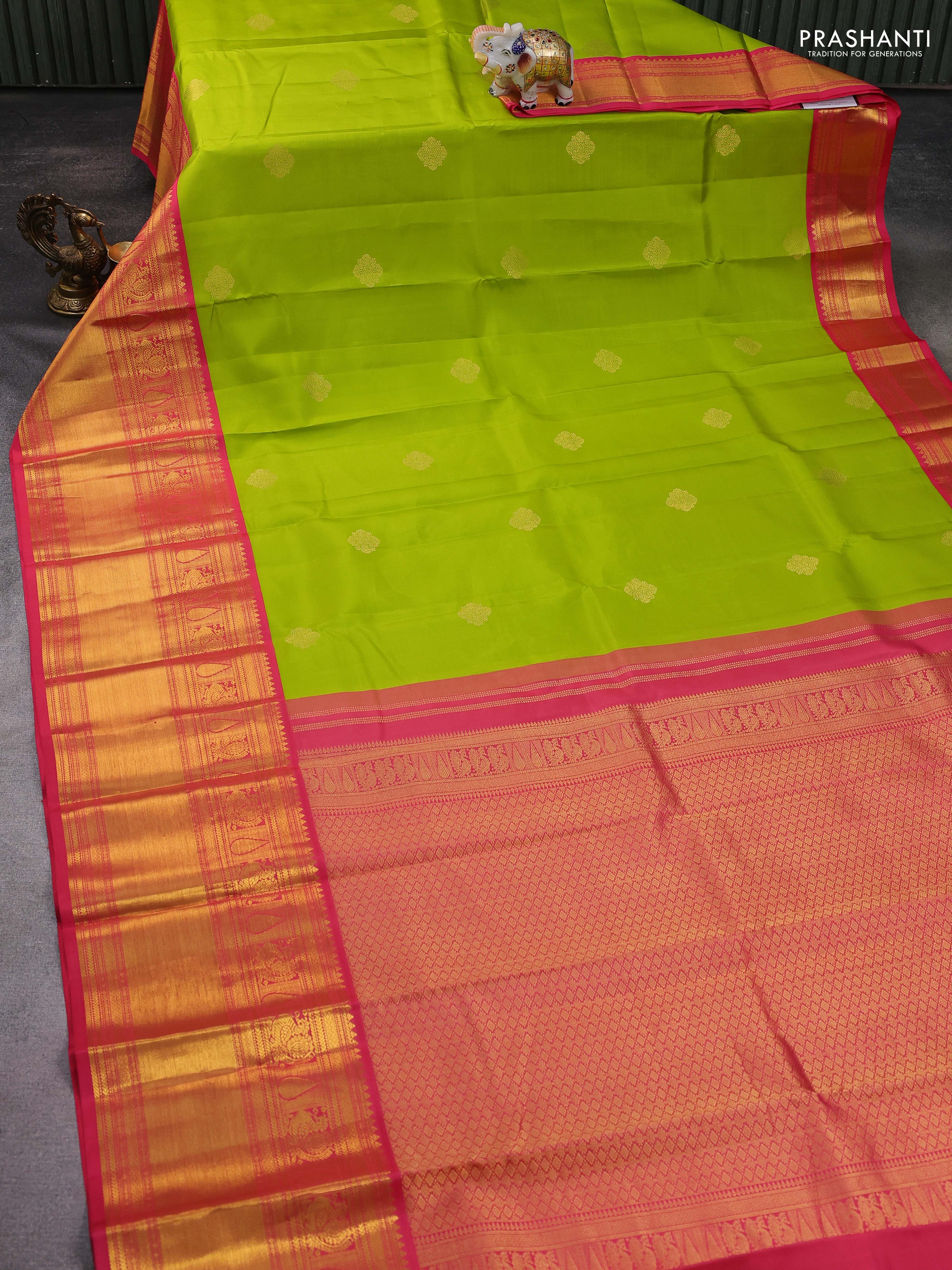 Pure kanchipuram silk saree light green and peach pink with zari woven buttas and long zari woven korvai border - Image 2