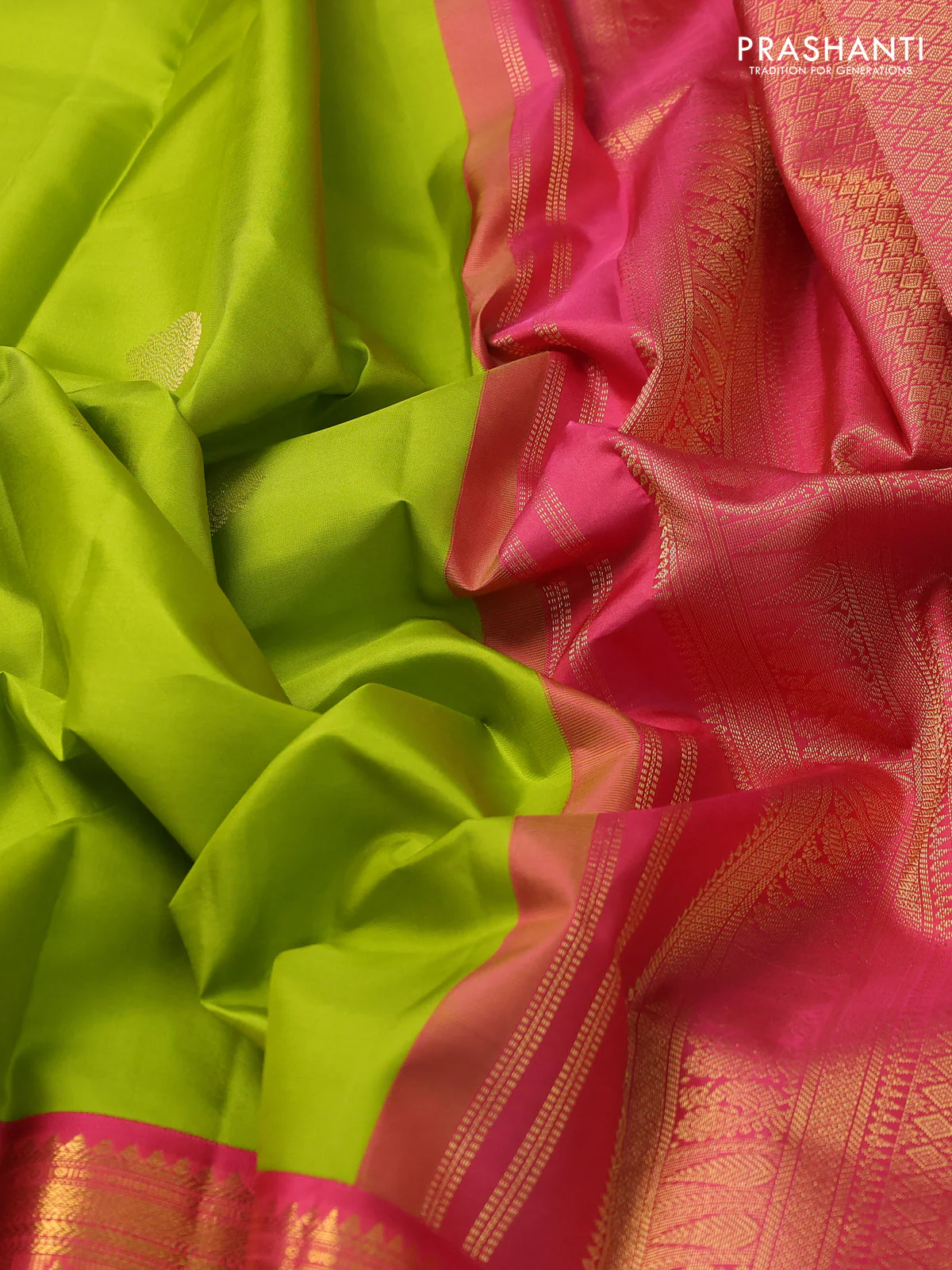 Pure kanchipuram silk saree light green and peach pink with zari woven buttas and long zari woven korvai border - Image 3
