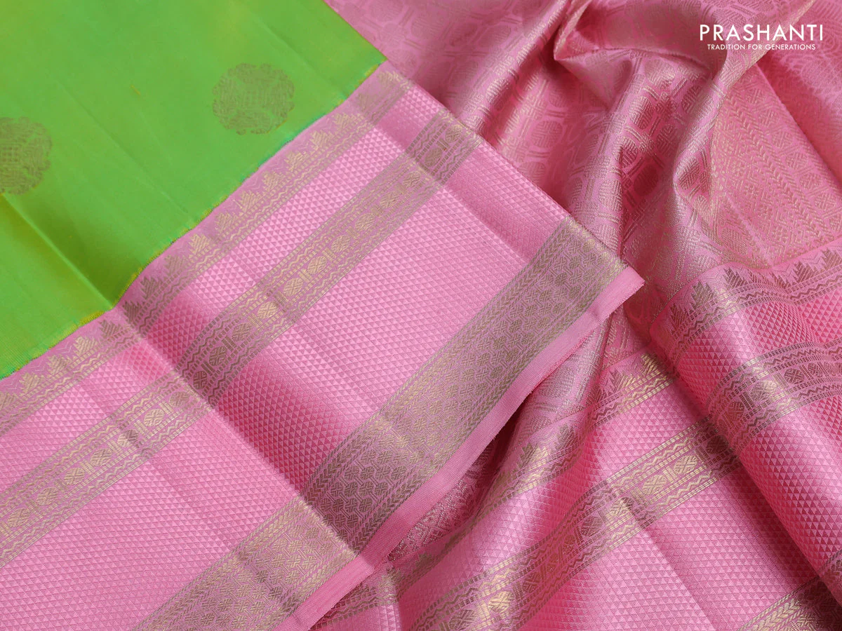 Pure kanchipuram silk saree light green and peach pink with zari woven buttas and rich zari woven border - Image 3