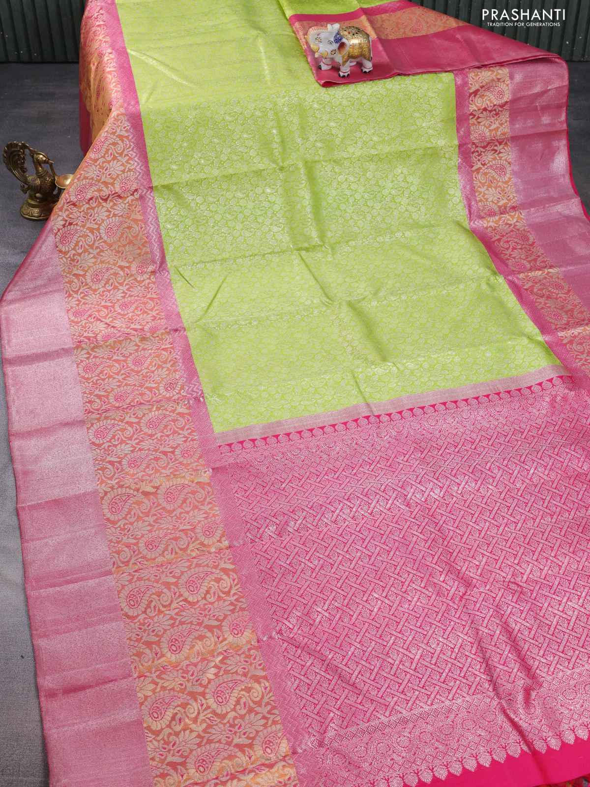 Pure kanchipuram silk saree light green and pink with allover silver zari brocade weaves and long rich zari woven border - Image 2