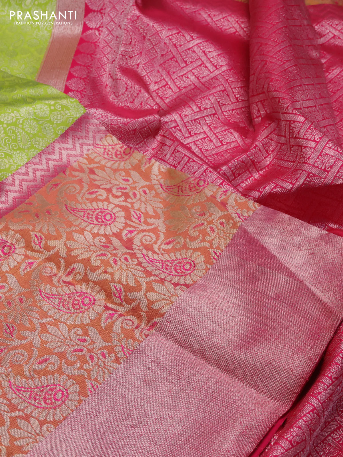 Pure kanchipuram silk saree light green and pink with allover silver zari brocade weaves and long rich zari woven border - Image 3