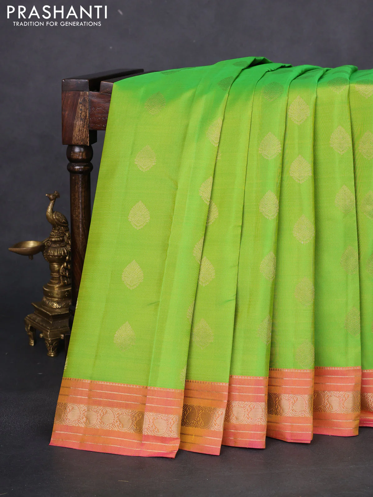 Pure kanchipuram silk saree light green and pink with zari woven buttas and rich zari woven border