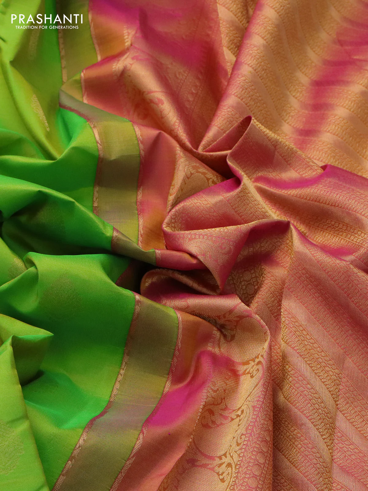 Pure kanchipuram silk saree light green and pink with zari woven buttas and rich zari woven border - Image 3