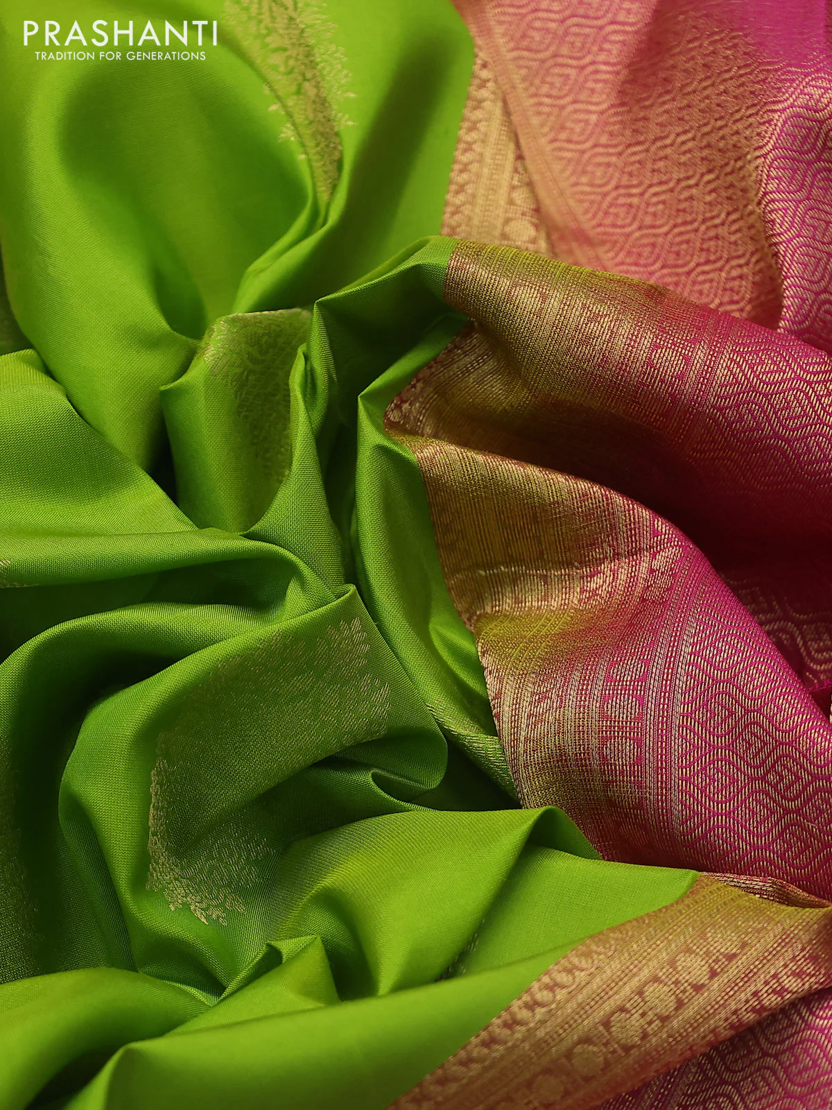 Pure kanchipuram silk saree light green and pink with zari woven buttas and temple design woven border - Image 3