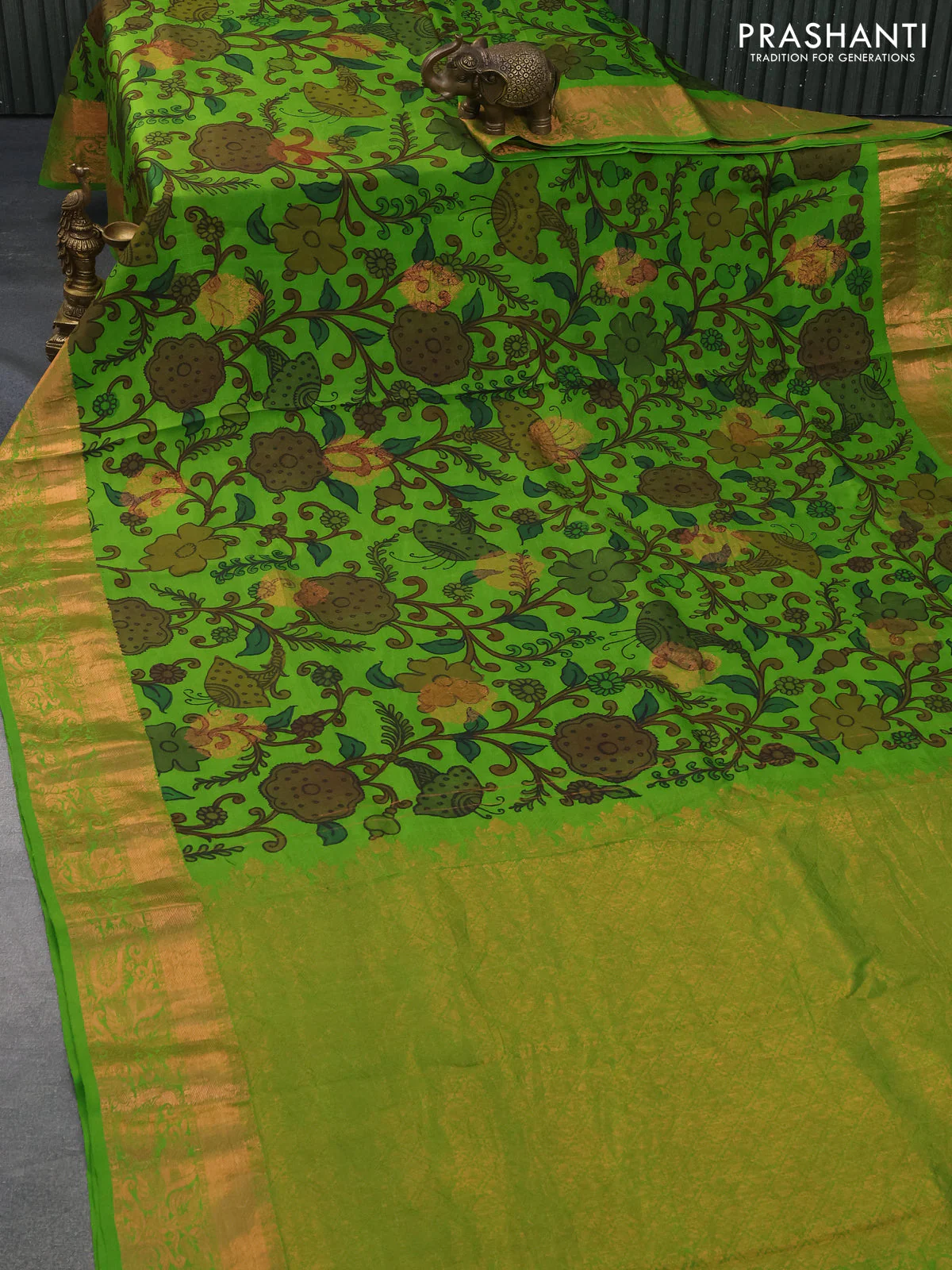 Pure kanchipuram silk saree light green with allover pen kalamkari prints & zari buttas and copper zari woven border - Image 2
