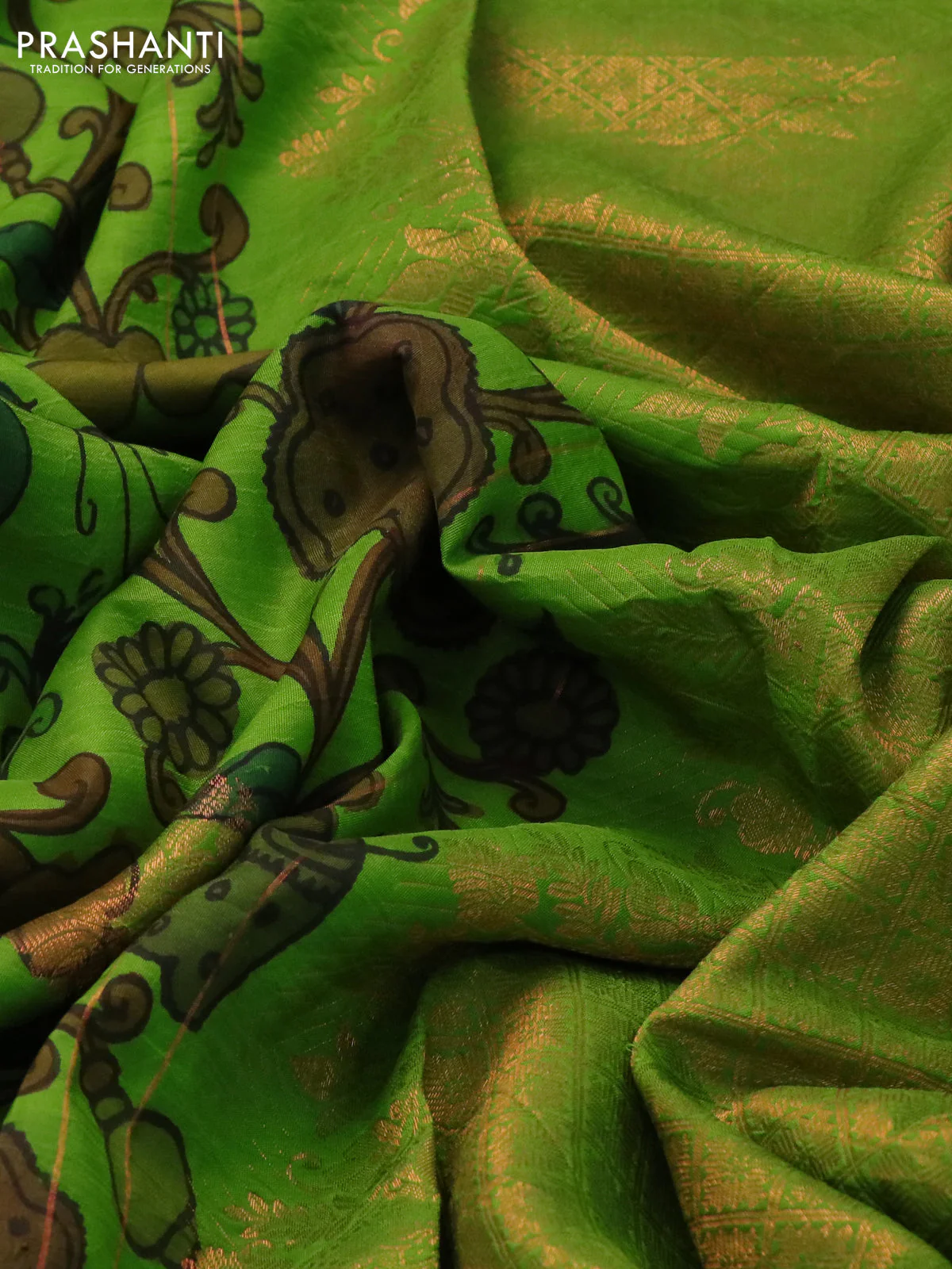 Pure kanchipuram silk saree light green with allover pen kalamkari prints & zari buttas and copper zari woven border - Image 3