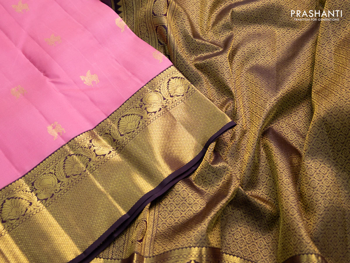 Pure kanchipuram silk saree light pink and deep coffee brown with zari woven buttas and zari woven korvai border - Image 4