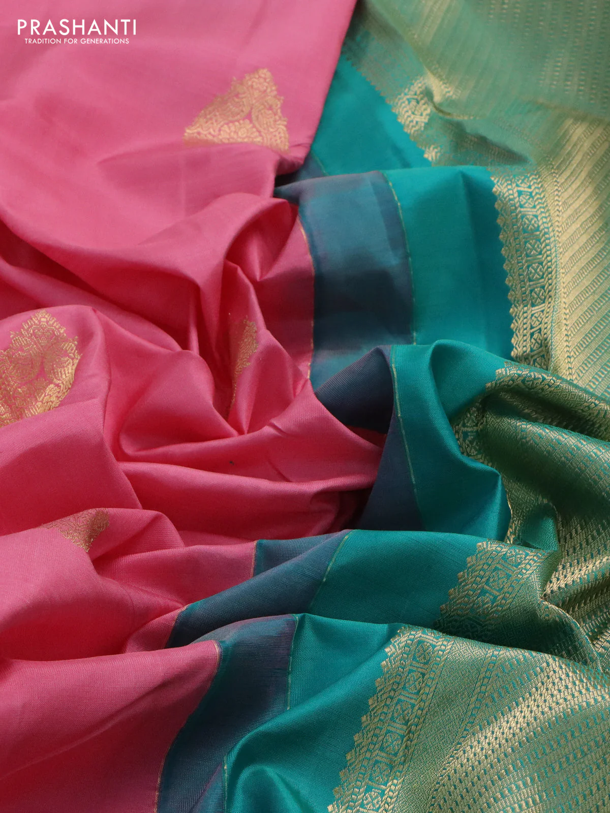 Pure kanchipuram silk saree light pink and teal green with zari woven buttas and zari woven border - Image 3