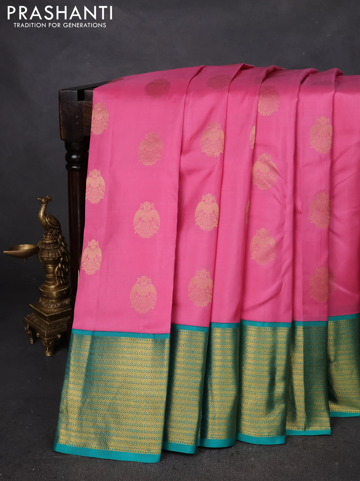 Pure kanchipuram silk saree light pink and teal green with zari woven peacock buttas and zari woven korvai border