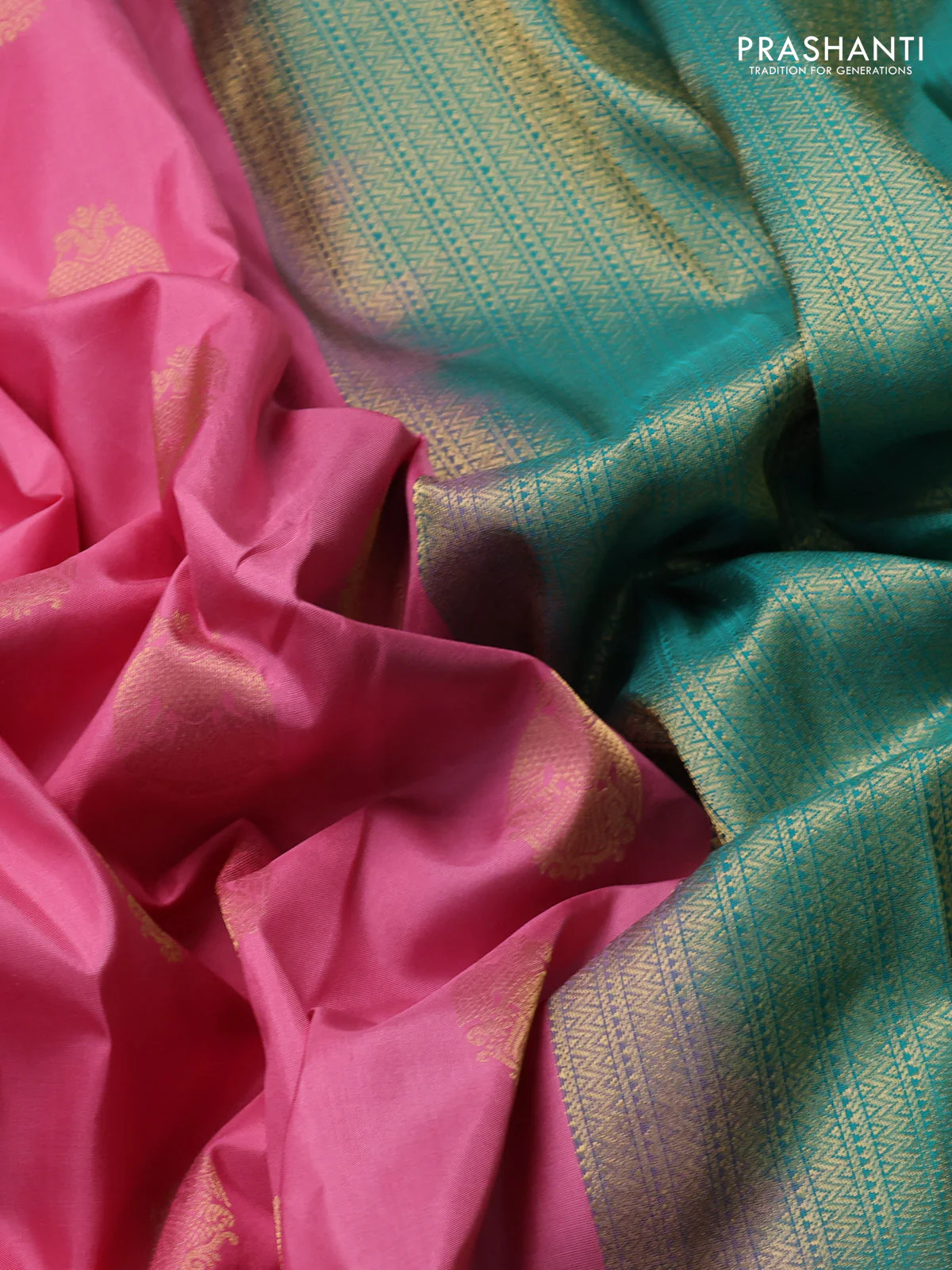 Pure kanchipuram silk saree light pink and teal green with zari woven peacock buttas and zari woven korvai border - Image 3