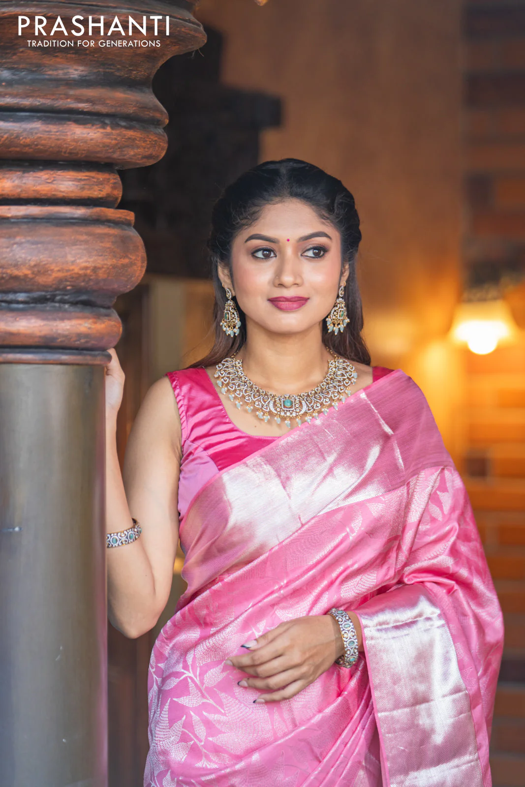 Pure kanchipuram silk saree light pink with allover silver zari woven brocade weaves and silver zari woven border - Image 3