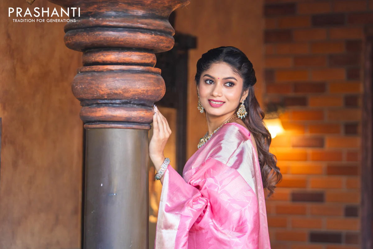 Pure kanchipuram silk saree light pink with allover silver zari woven brocade weaves and silver zari woven border - Image 4