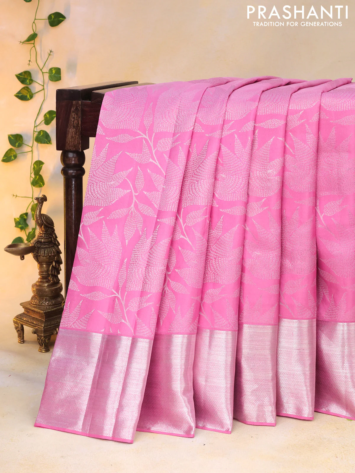 Pure kanchipuram silk saree light pink with allover silver zari woven brocade weaves and silver zari woven border - Image 6