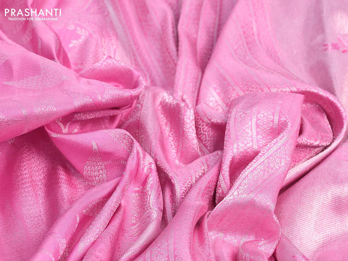 Pure kanchipuram silk saree light pink with allover silver zari woven brocade weaves and silver zari woven border - Image 8