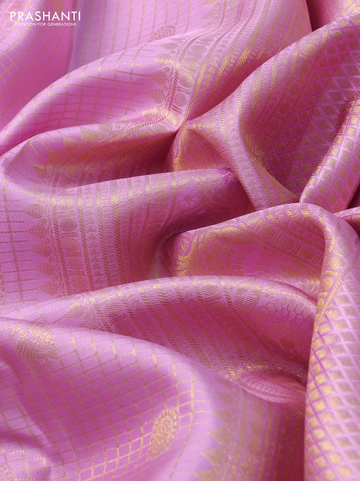 Pure kanchipuram silk saree light pink with allover zari checks & buttas and long zari woven border - Image 4