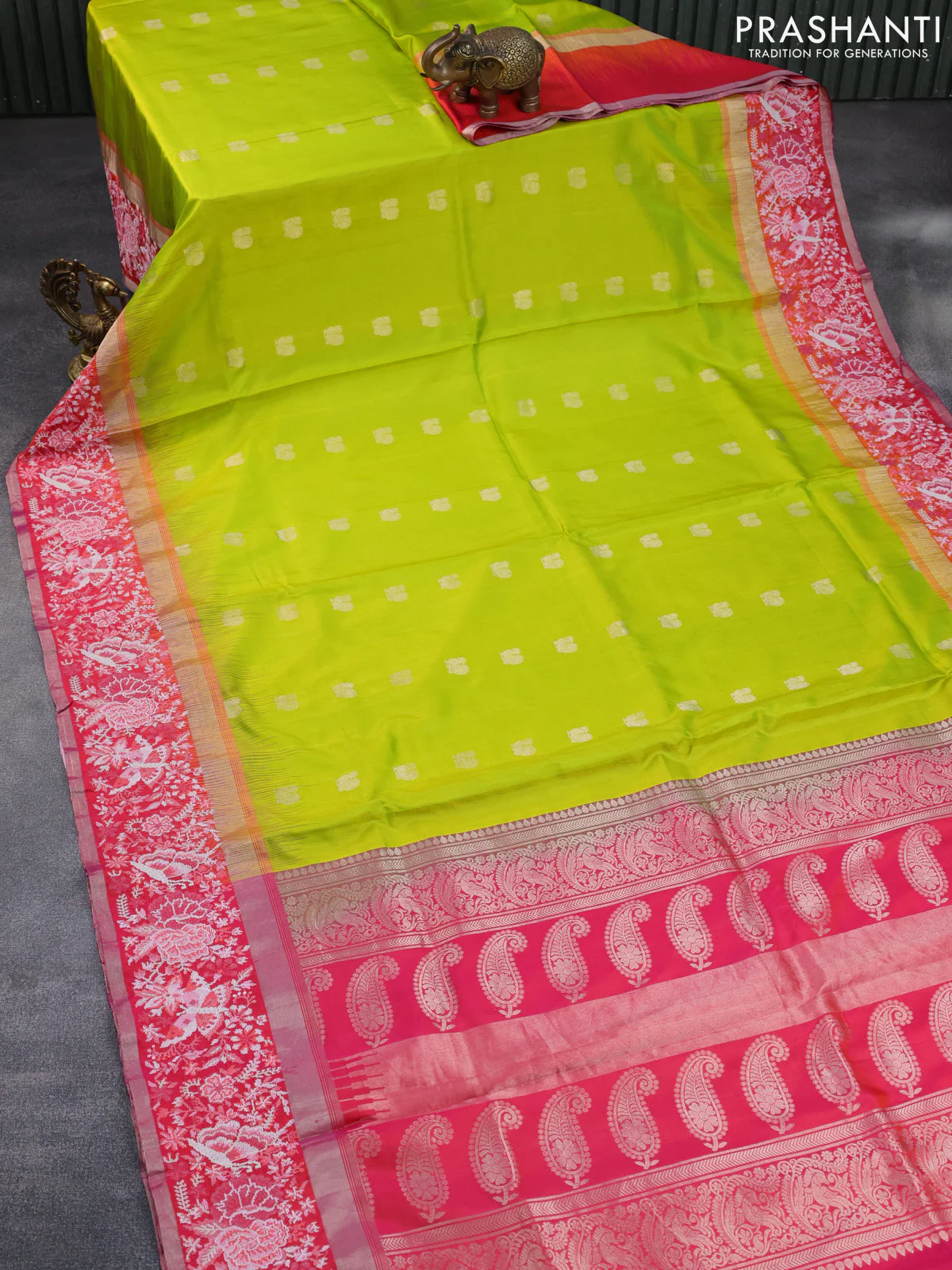 Pure kanchipuram silk saree lime green and dual shade of pink with annam zari woven buttas and embroidery work zari border - Image 2