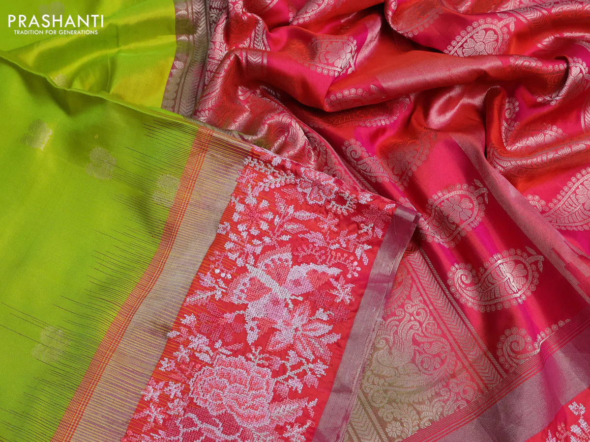 Pure kanchipuram silk saree lime green and dual shade of pink with annam zari woven buttas and embroidery work zari border - Image 3