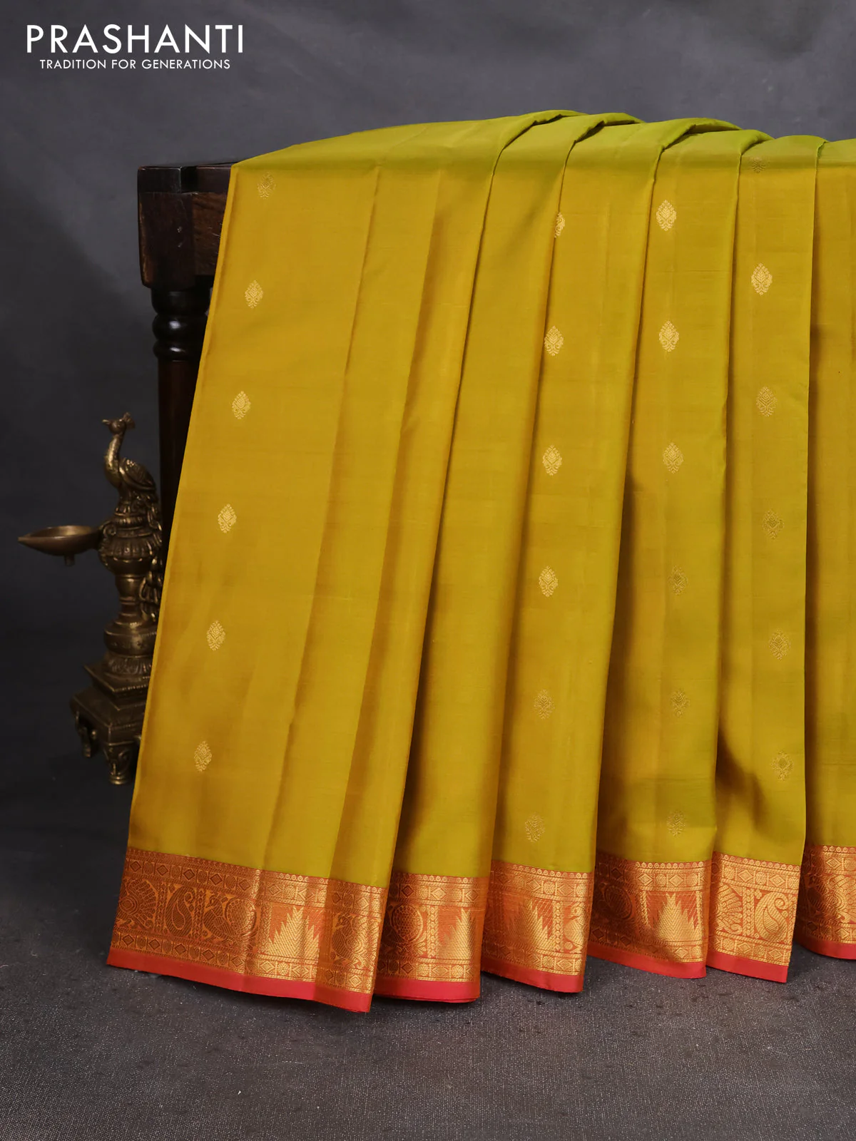 Pure Kanchipuram silk saree lime green and pink with zari woven buttas and zari woven border