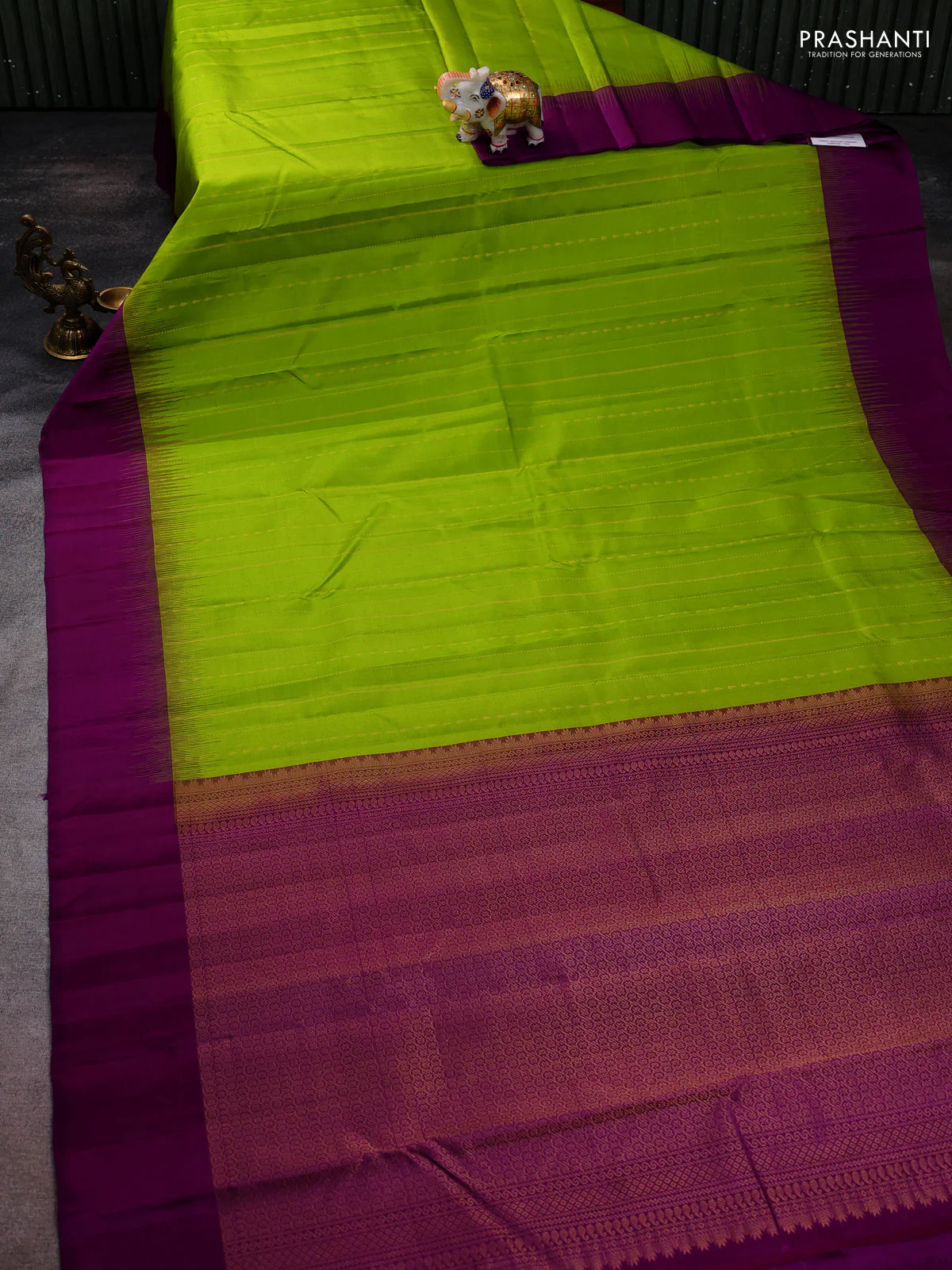 Pure kanchipuram silk saree lime green and purple with allover zari weaves and simple border - Image 2