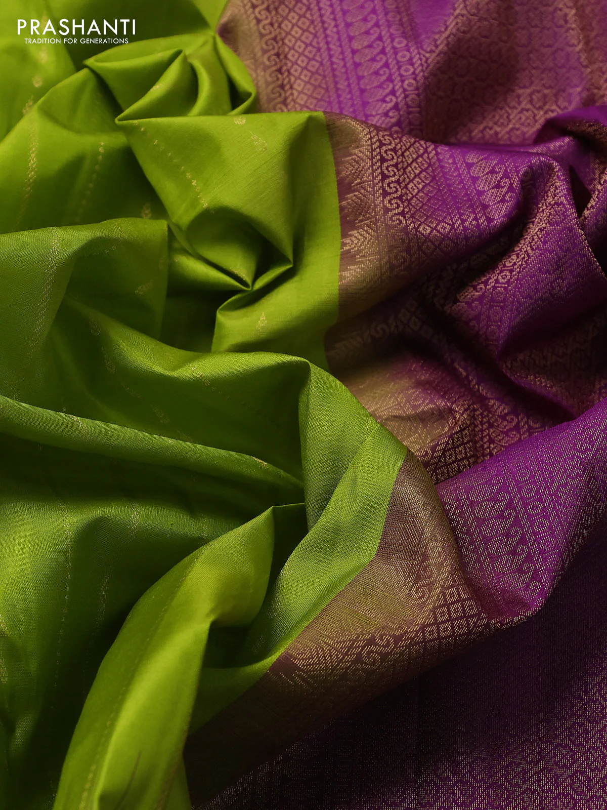Pure kanchipuram silk saree lime green and purple with allover zari weaves and simple border - Image 3