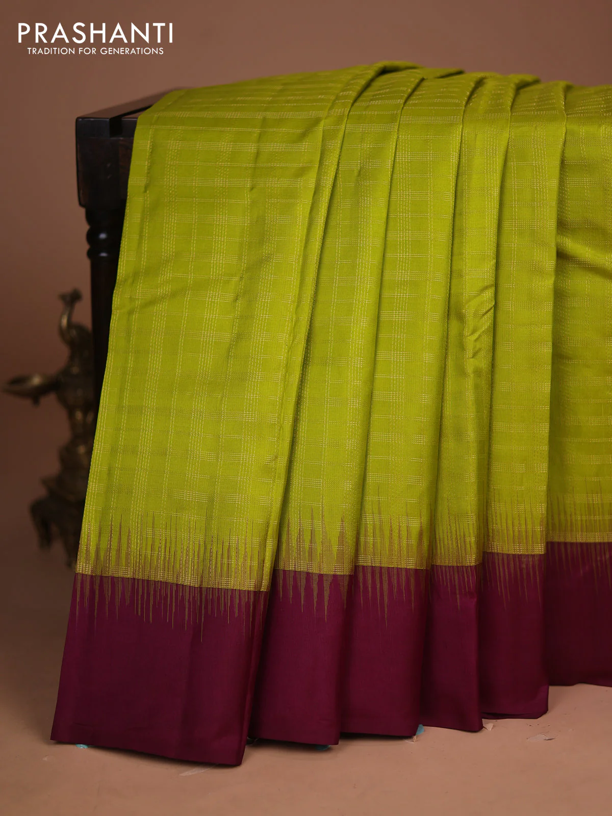 Pure kanchipuram silk saree lime green and wine shade with allover zari checked pattern and simple border