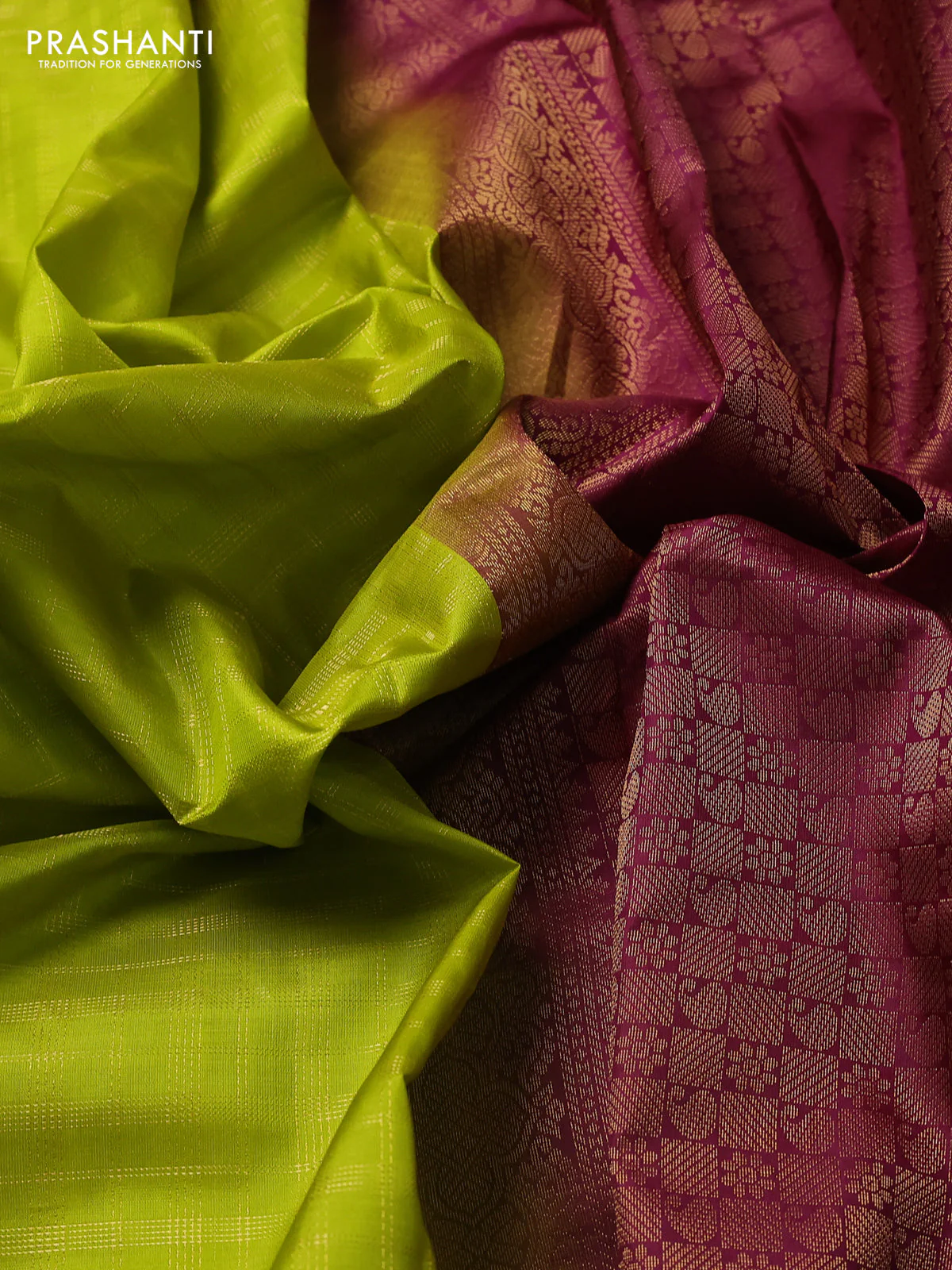 Pure kanchipuram silk saree lime green and wine shade with allover zari checked pattern and simple border - Image 3