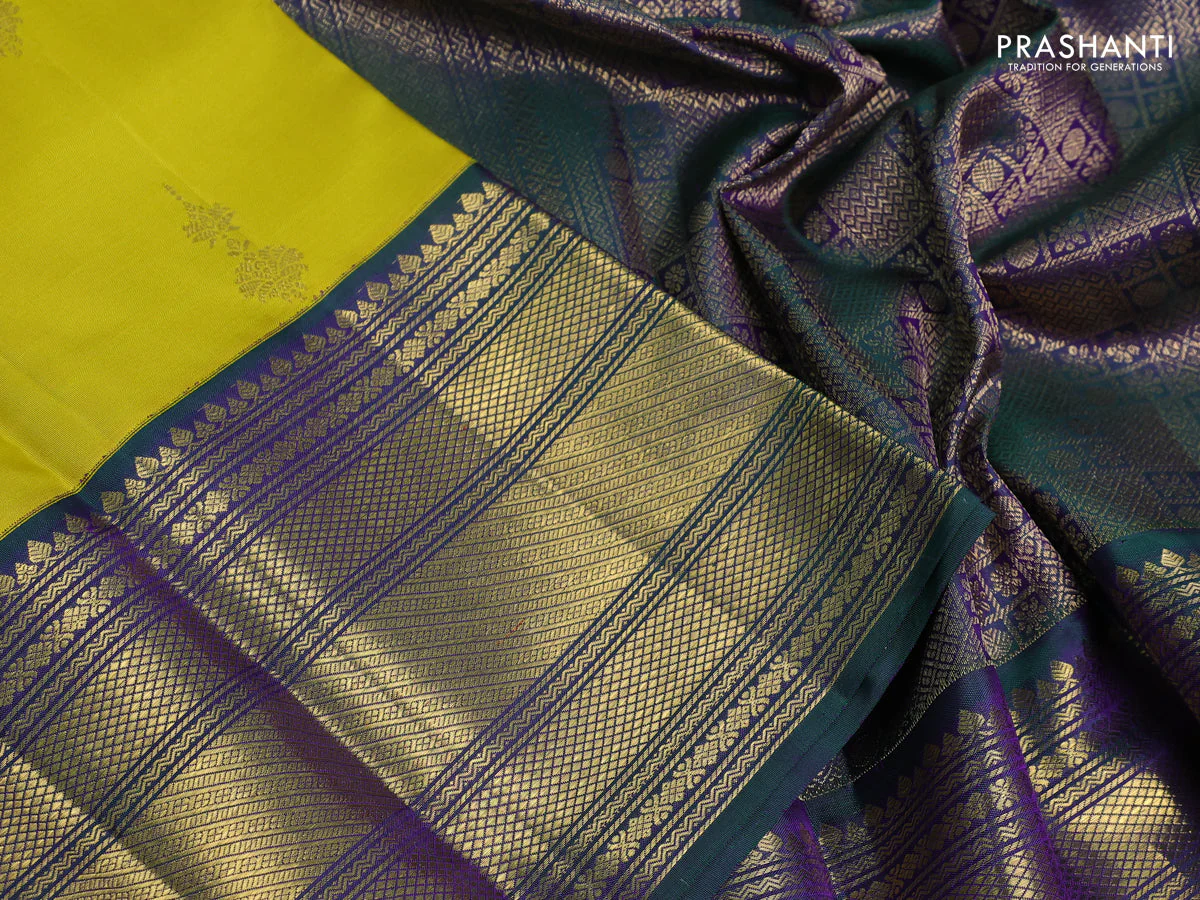 Pure kanchipuram silk saree lime yellow and dual shade of greenish violet with zari woven buttas and rich zari woven korvai border - Image 3
