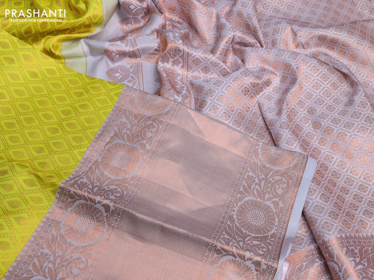 Pure kanchipuram silk saree lime yellow and pastel grey with allover zari woven brocade weaves and long copper zari woven border & embroidery work blouse - Image 3