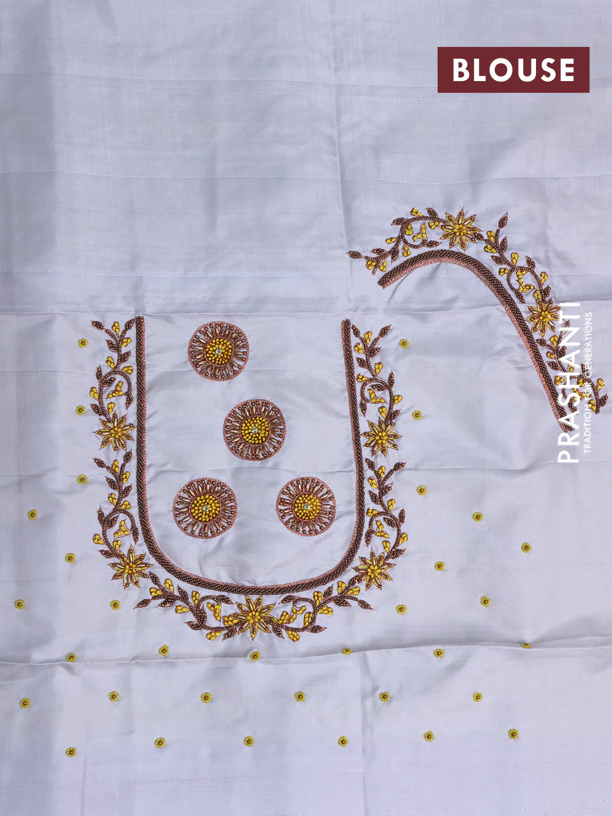 Pure kanchipuram silk saree lime yellow and pastel grey with allover zari woven brocade weaves and long copper zari woven border & embroidery work blouse - Image 4
