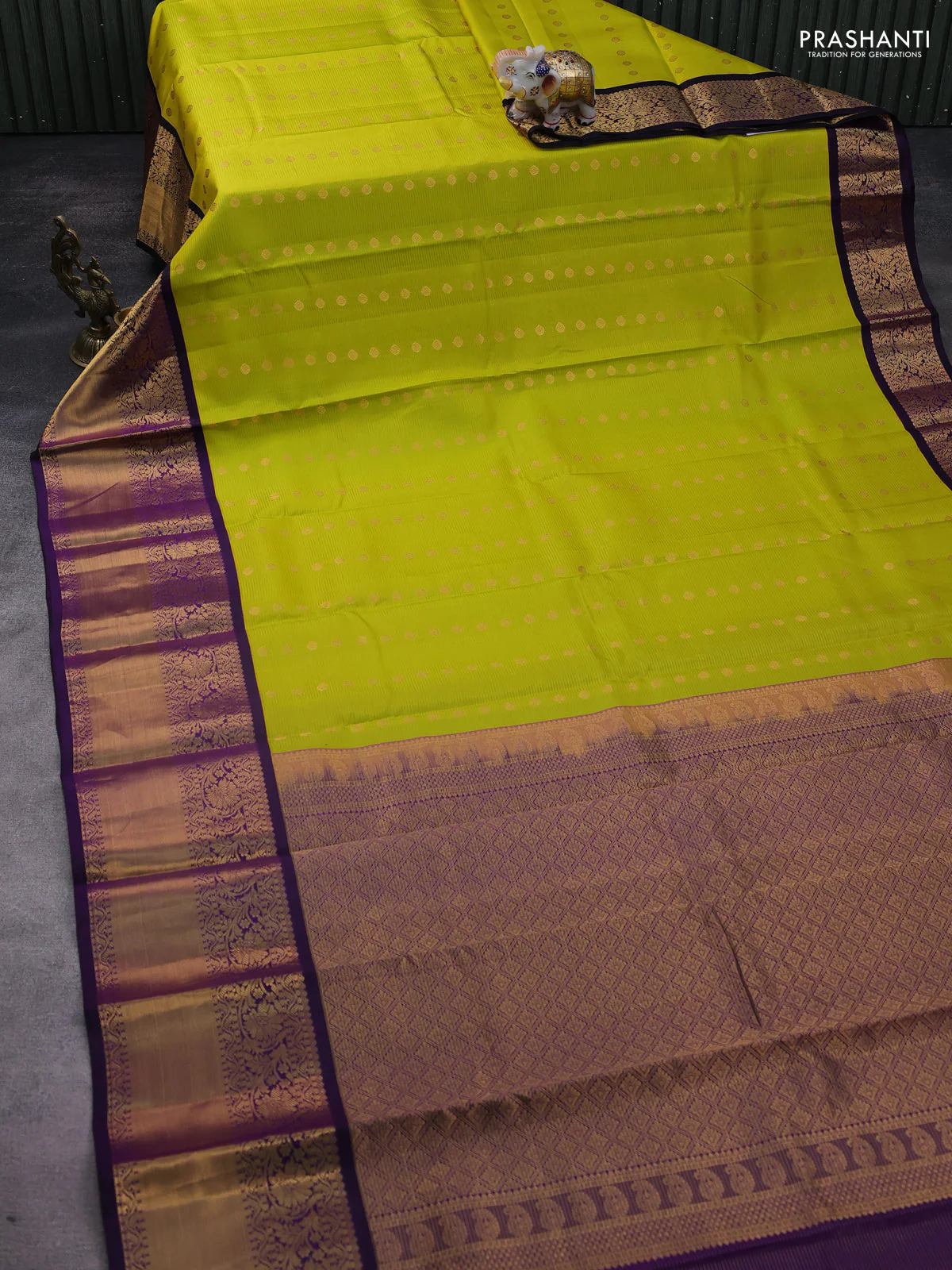 Pure kanchipuram silk saree lime yellow and purple with allover zari stripe weaves & buttas and long floral zari woven korvai border - Image 2