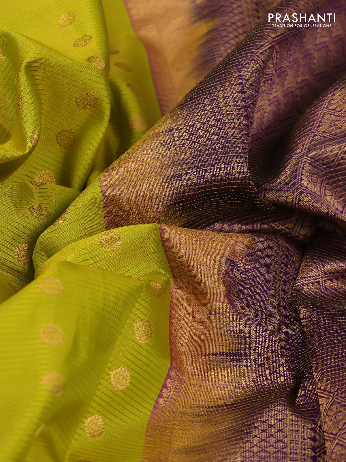 Pure kanchipuram silk saree lime yellow and purple with allover zari stripe weaves & buttas and long floral zari woven korvai border - Image 3