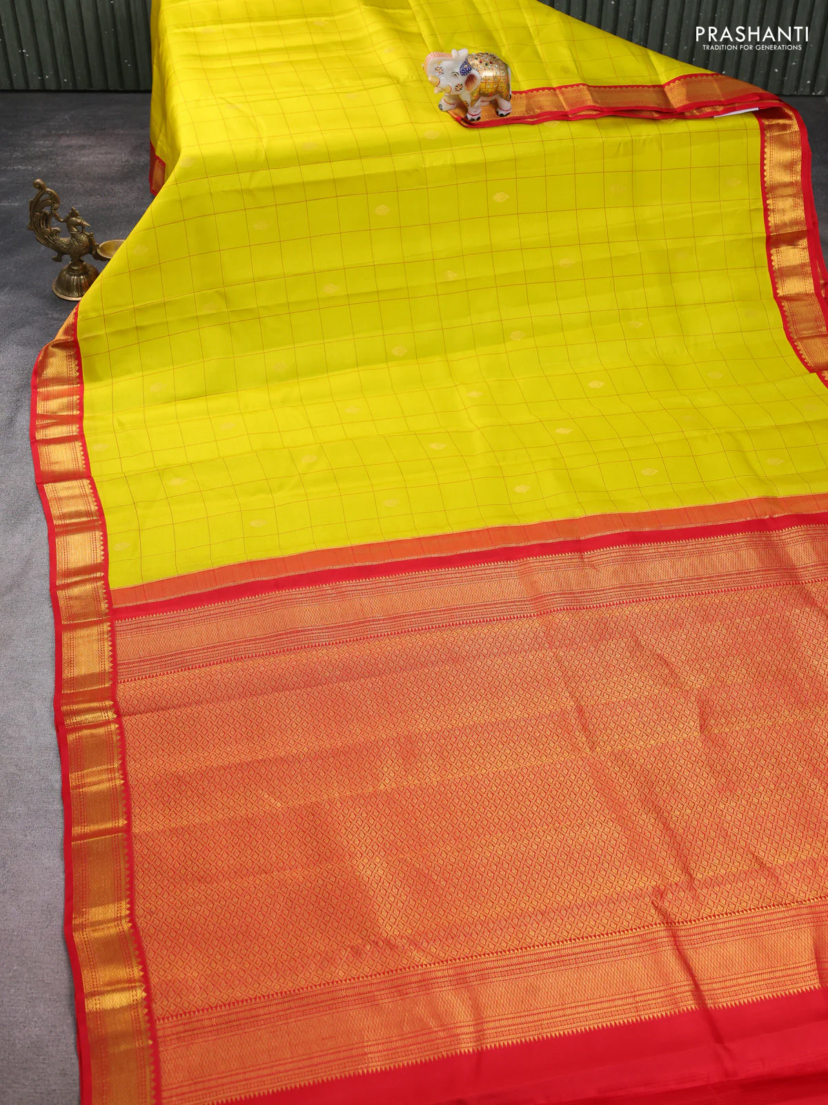 Pure kanchipuram silk saree lime yellow and red with allover checks & buttas and zari woven korvai border - Image 2
