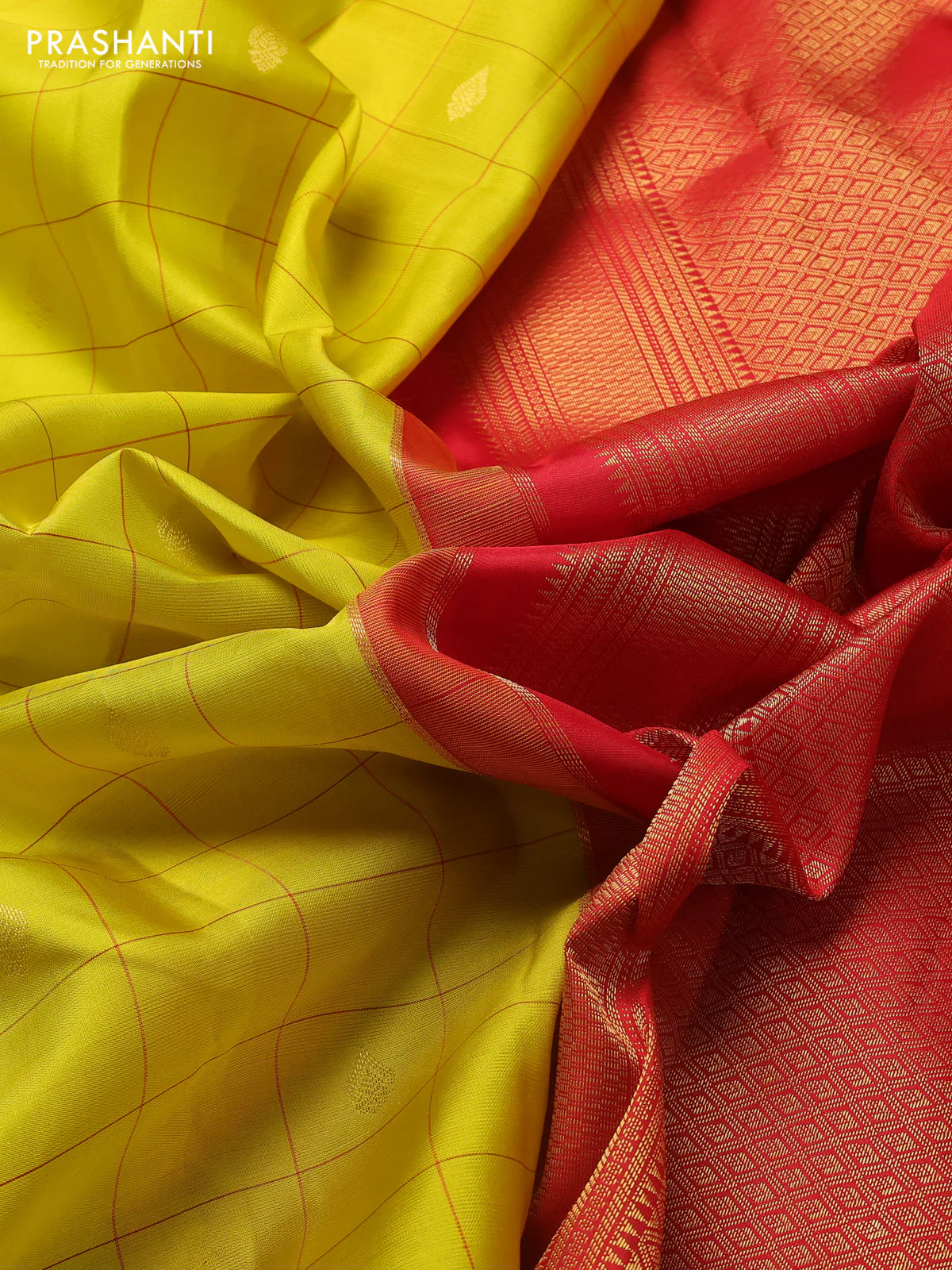 Pure kanchipuram silk saree lime yellow and red with allover checks & buttas and zari woven korvai border - Image 3
