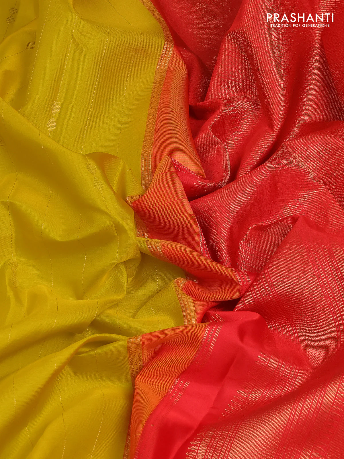 Pure kanchipuram silk saree lime yellow and red with allover zari weaves and zari woven korvai border - Image 3