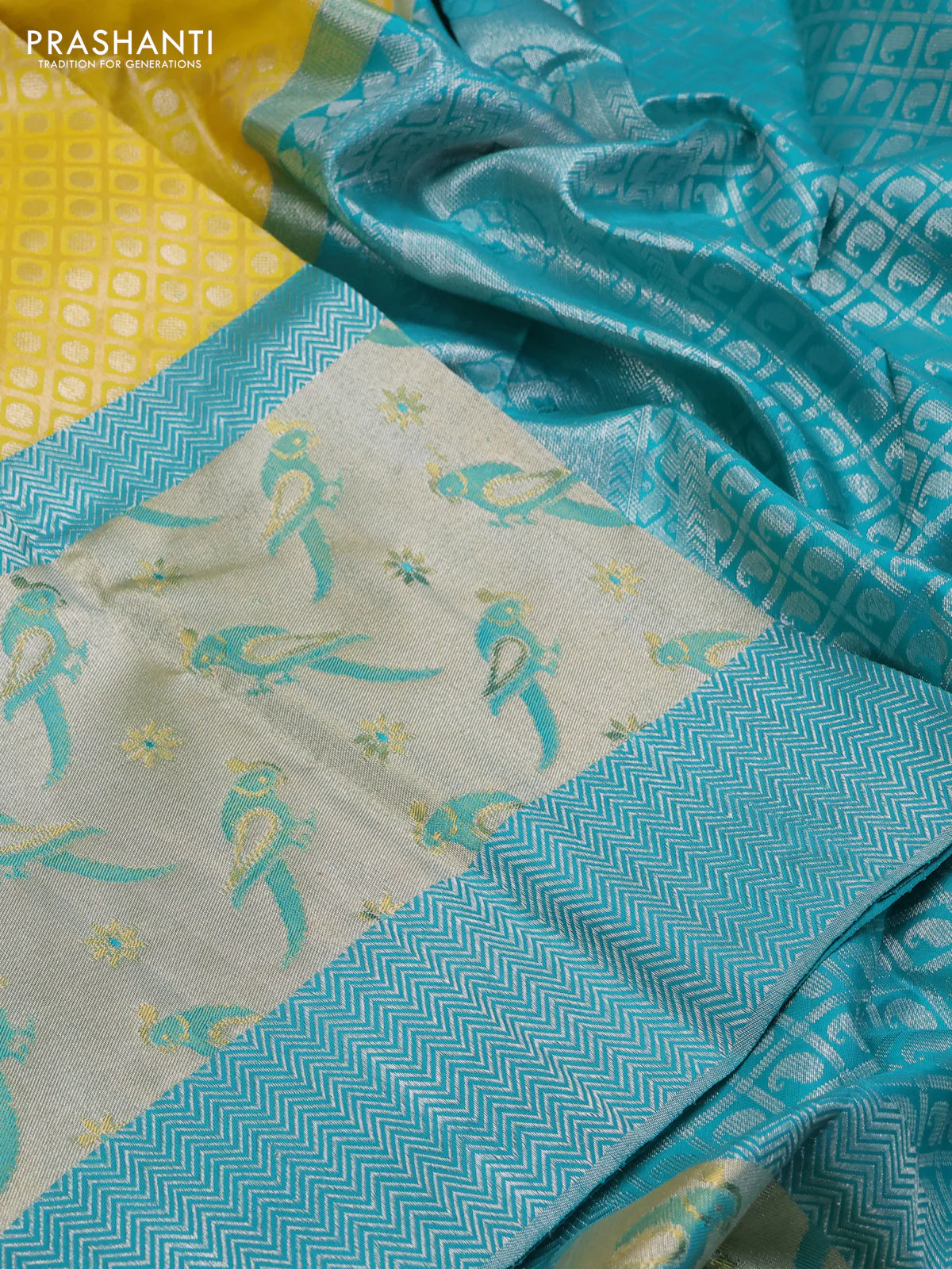 Pure kanchipuram silk saree lime yellow and teal blue with allover silver zari brocade weaves and long rich silver woven border - Image 3