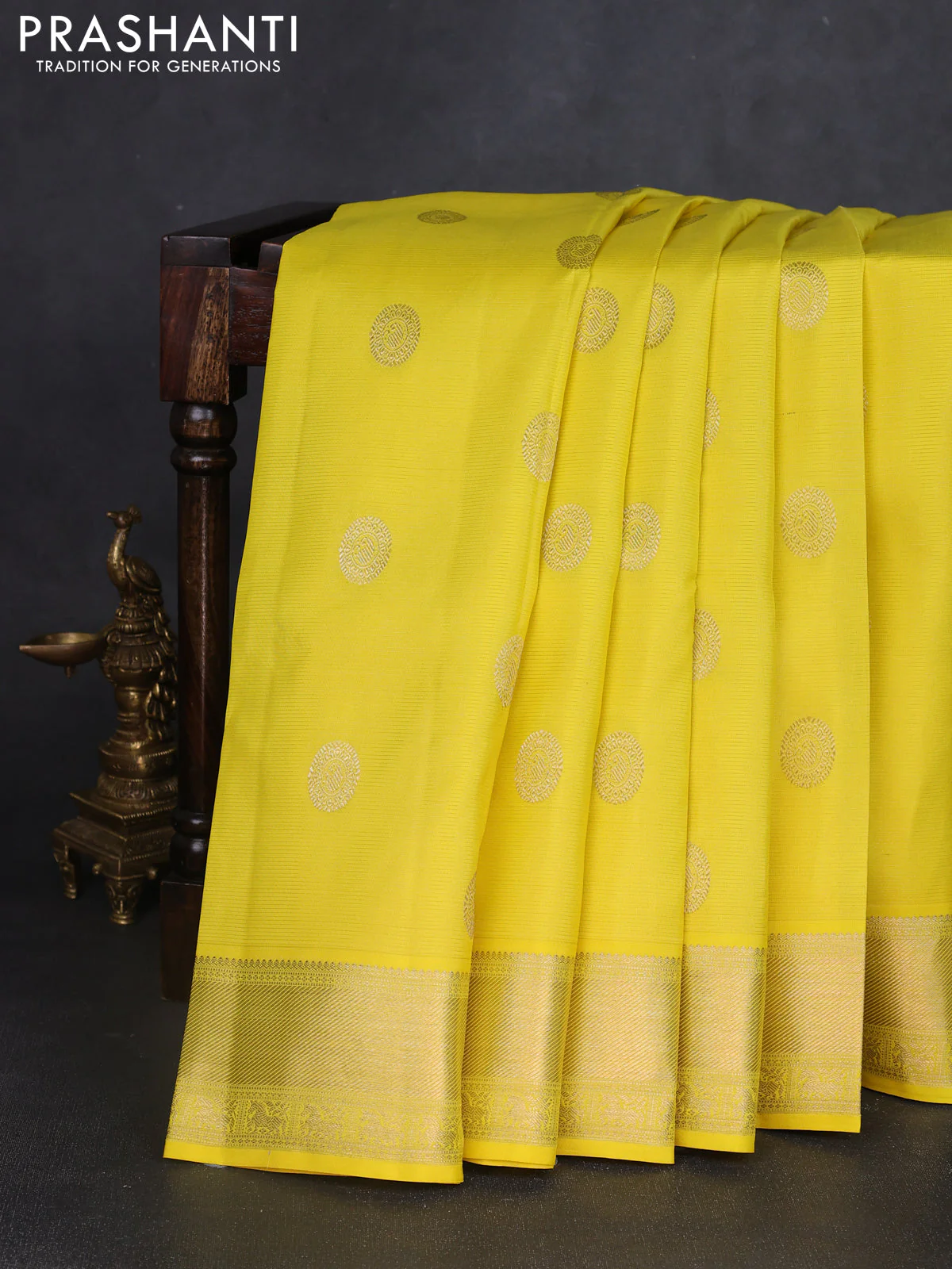 Pure kanchipuram silk saree lime yellow with allover zari weaves & buttas and rich zari woven border