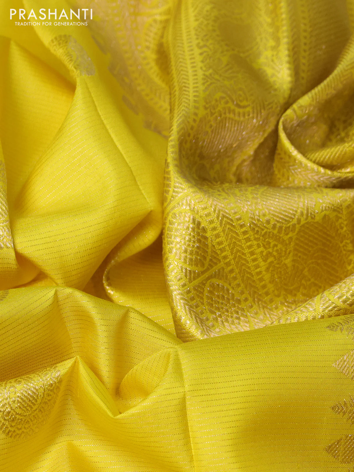 Pure kanchipuram silk saree lime yellow with allover zari weaves & buttas and rich zari woven border - Image 3