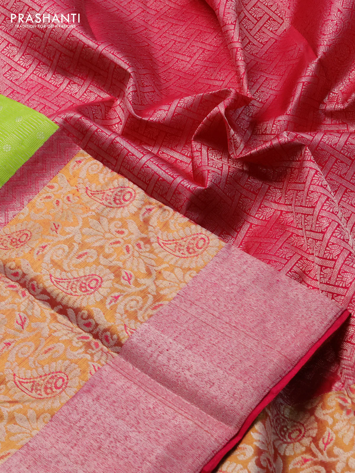 Pure kanchipuram silk saree llight green and pink with allover silver zari woven buttas and long rich zari woven border - Image 3