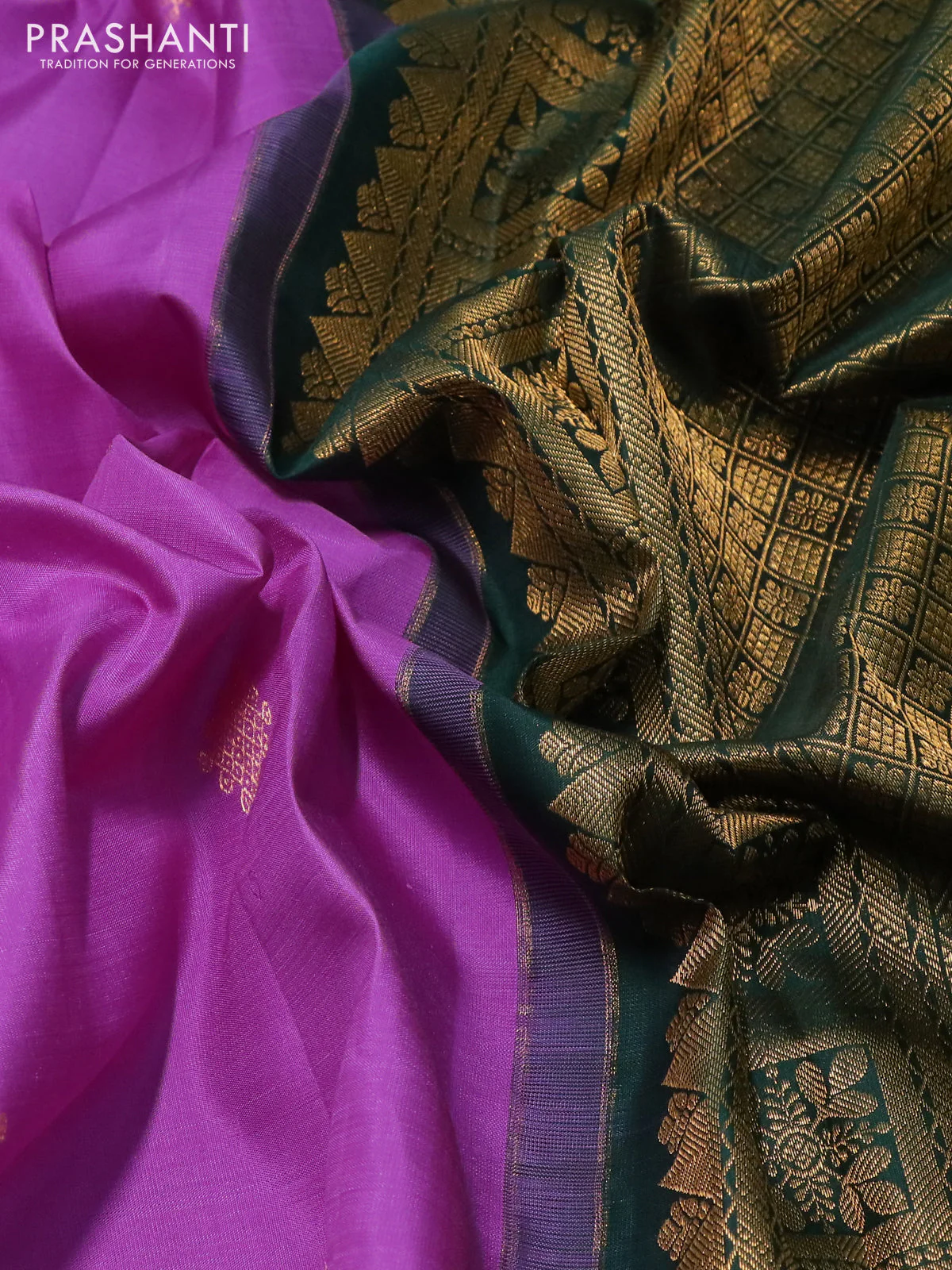 Pure kanchipuram silk saree lotus pink and bottle green with zari woven rangoli buttas and small zari woven border - Image 3