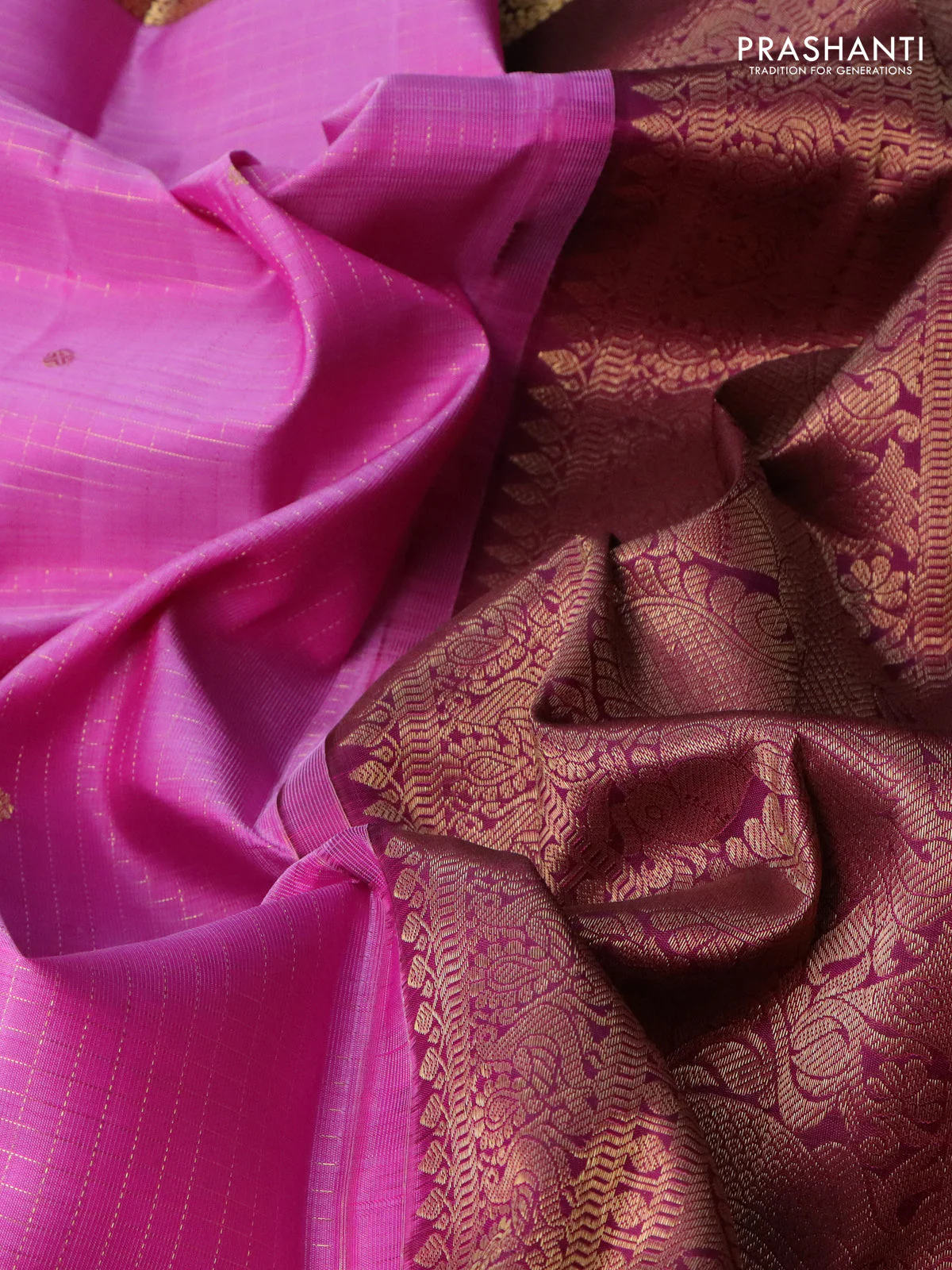 Pure kanchipuram silk saree lotus pink and dark magenta pink with allover zari checks & buttas and zari woven border - Image 3