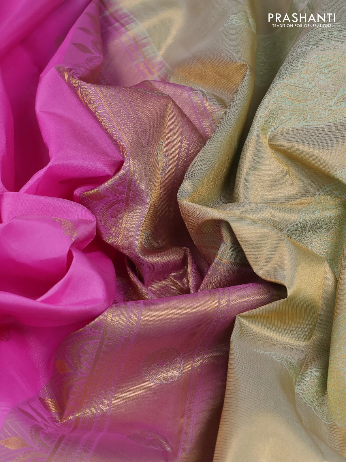 Pure kanchipuram silk saree lotus pink and mild pista green with zari woven buttas and long rettapet zari woven border - Image 3
