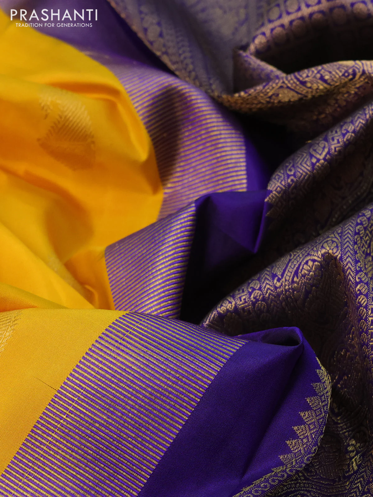 Pure kanchipuram silk saree mango yellow and blue with paisley zari woven buttas and rettapet zari woven border - Image 9