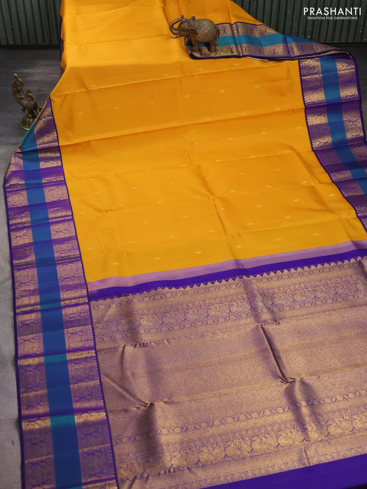 Pure kanchipuram silk saree mango yellow and blue with zari woven annam buttas and long rettapet zari woven border - Image 2