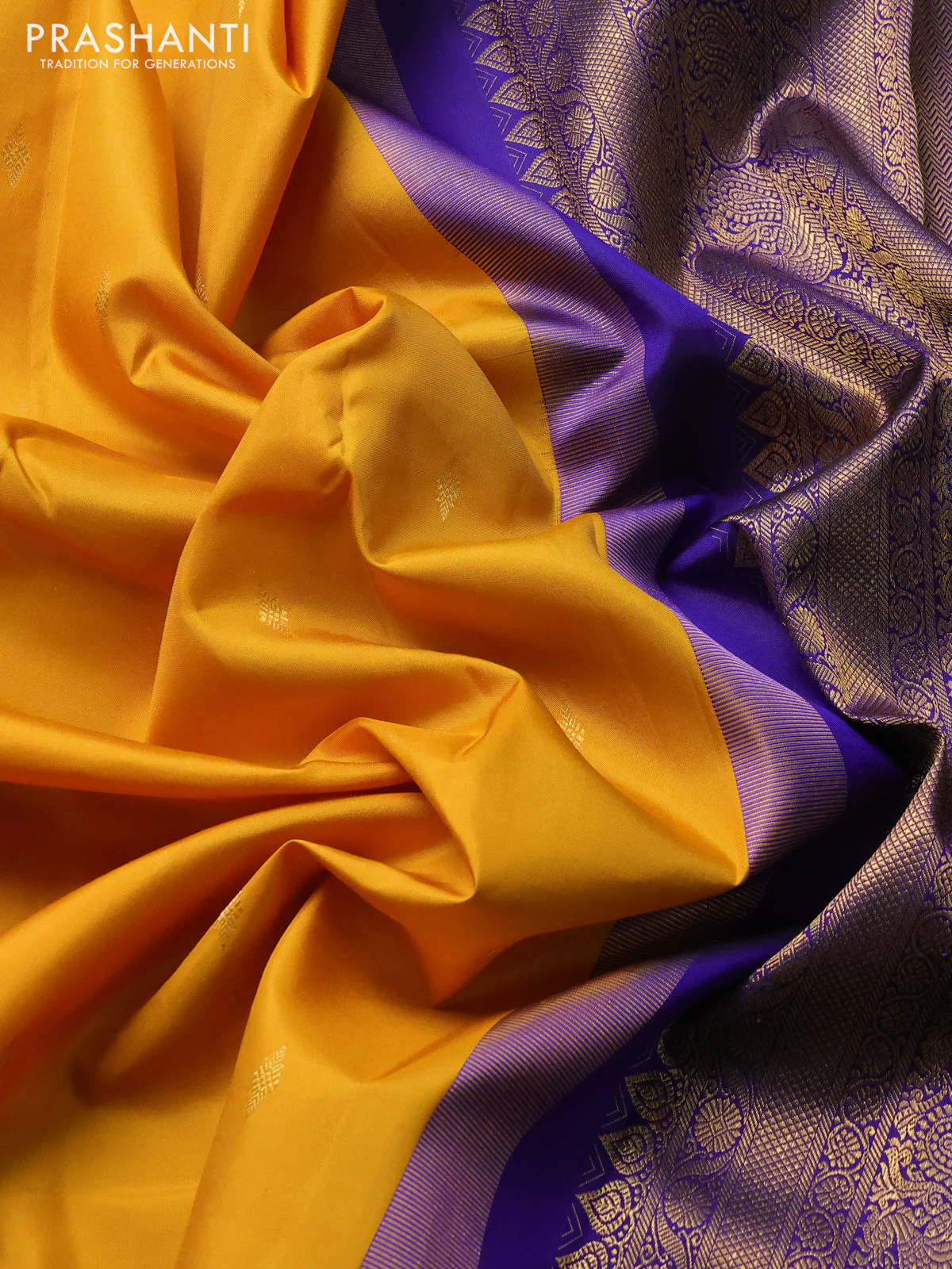 Pure kanchipuram silk saree mango yellow and blue with zari woven annam buttas and long rettapet zari woven border - Image 3