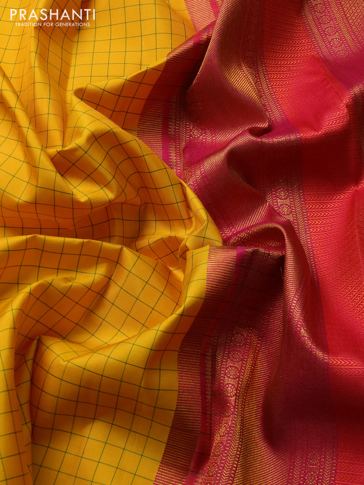 Pure kanchipuram silk saree mango yellow and pink with allover checked pattern and rettapet zari woven border - Image 3