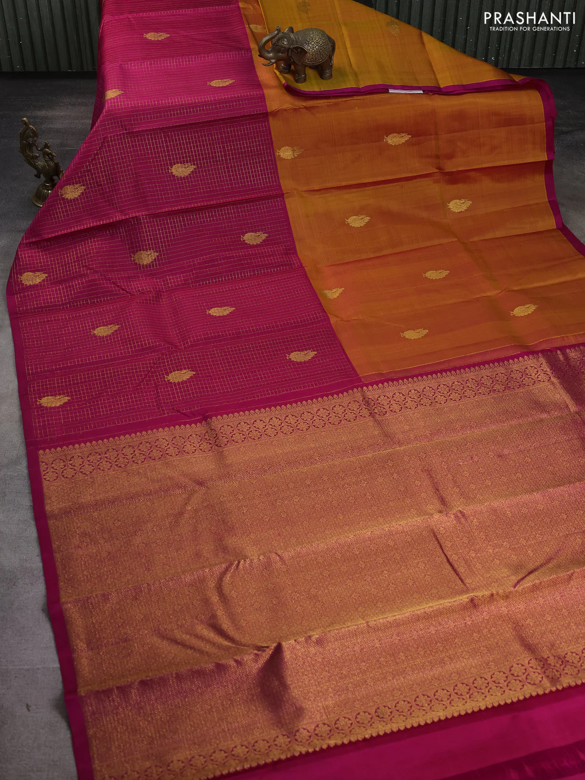Pure kanchipuram silk saree mango yellow and pink with half & half style and long zari woven border - Image 2